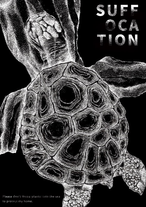 「Suffocation」(窒息)以海龜在塑膠袋中掙扎窒息,獲創作海報類優異獎