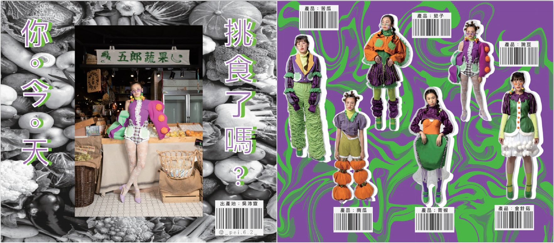 吳沛宣同學作品「你今天挑食了嗎?」,介紹人們比較不吃的苦瓜、青椒等蔬菜,呼籲不要挑食。(照片為畢業展走秀拍攝)