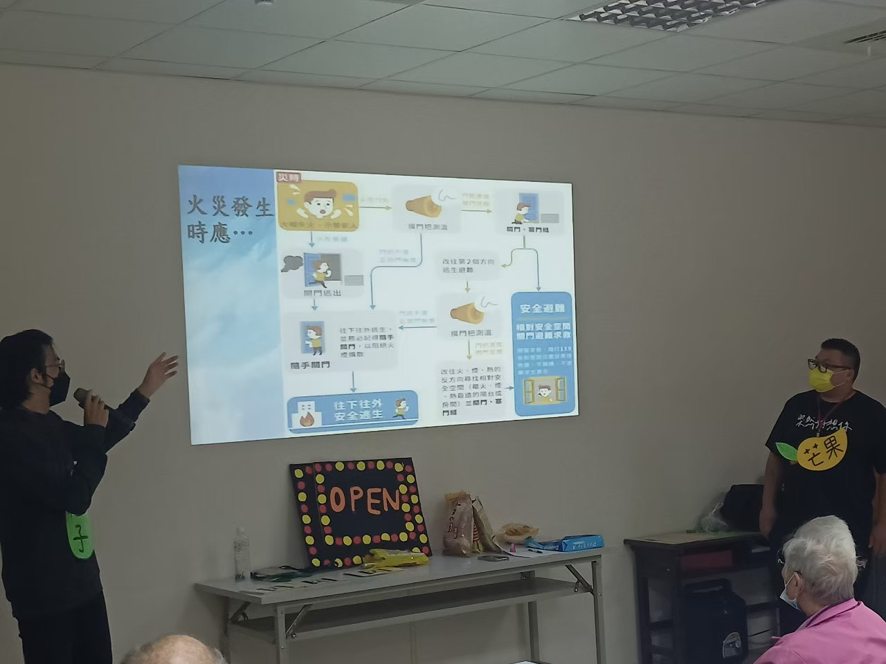 亞大社工系教導參與「祖孫共融服務方案」的長輩,火災發生逃生方式