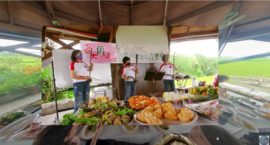 圖為亞大休憩系先舉辦實體的生態園區餐桌音樂會,再拍攝影片製成線上論壇的元宇宙教材
