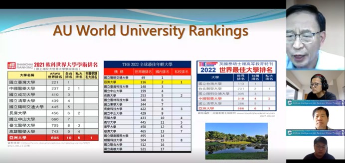 圖為國際學院陳英輝院長(右上),介紹亞洲大學的國際排名,鼓勵參與暑期人工智慧國際線上課程的學員,可以到亞大繼續學習