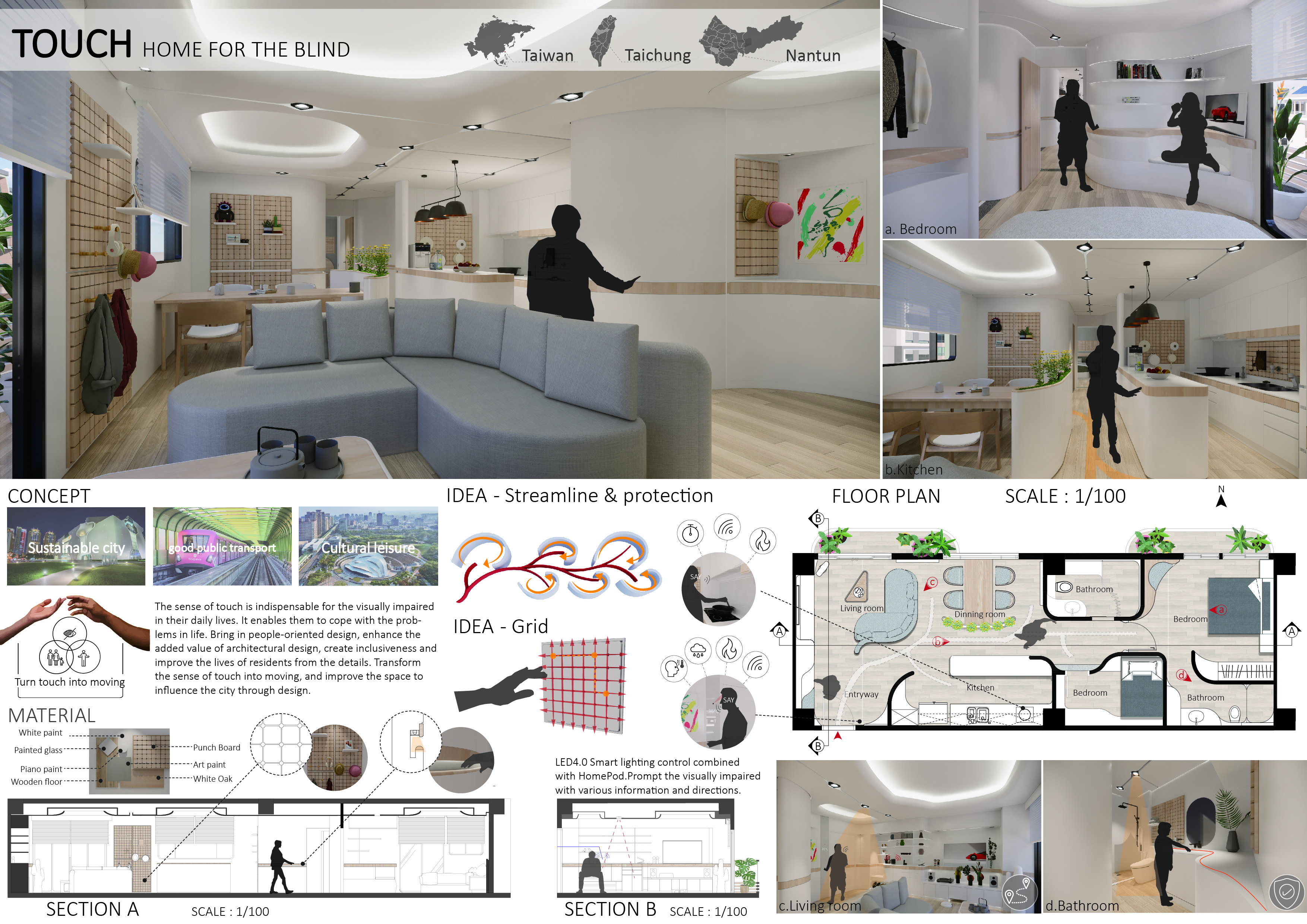 圖為邱紹軒、徐偉雲同學的「TOUCH-HOME FOR THE BLIND」作品,同時獲「2022美國建築大師獎」(AMP)的「室內設計公寓類」優勝獎、「室內設計房屋室內類」優勝獎2座大獎。