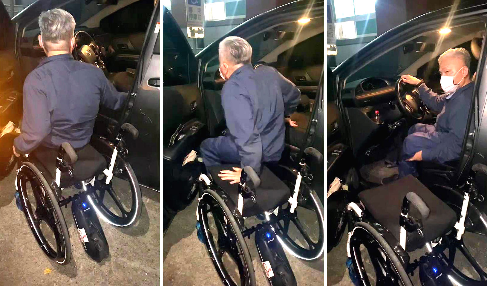 圖為「行無礙資源推廣協會」總幹事許朝富,介紹輪椅移位至汽車座椅的困難。