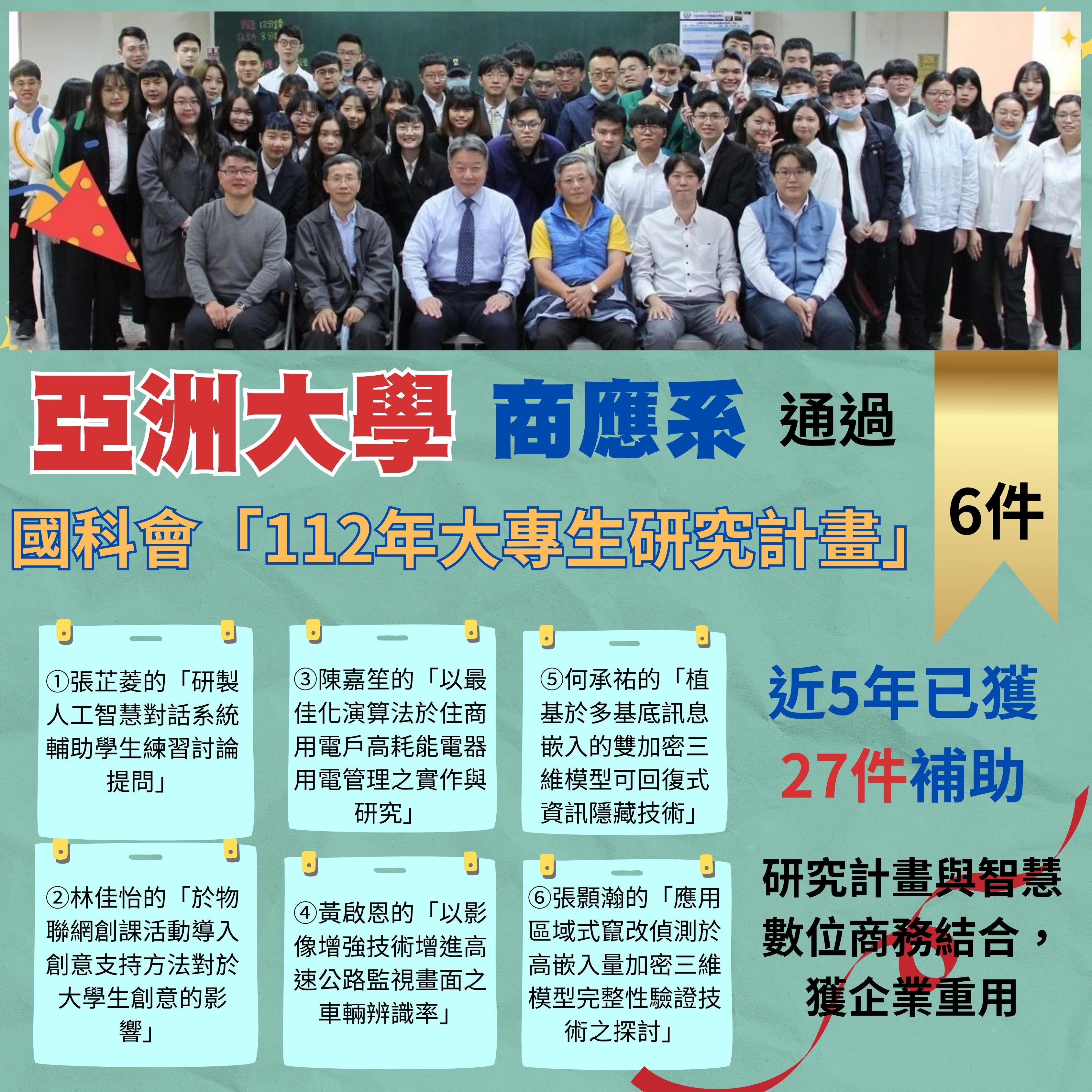 圖為亞大商應系通過國科會「112年大專生研究計畫」6件,表現亮眼。