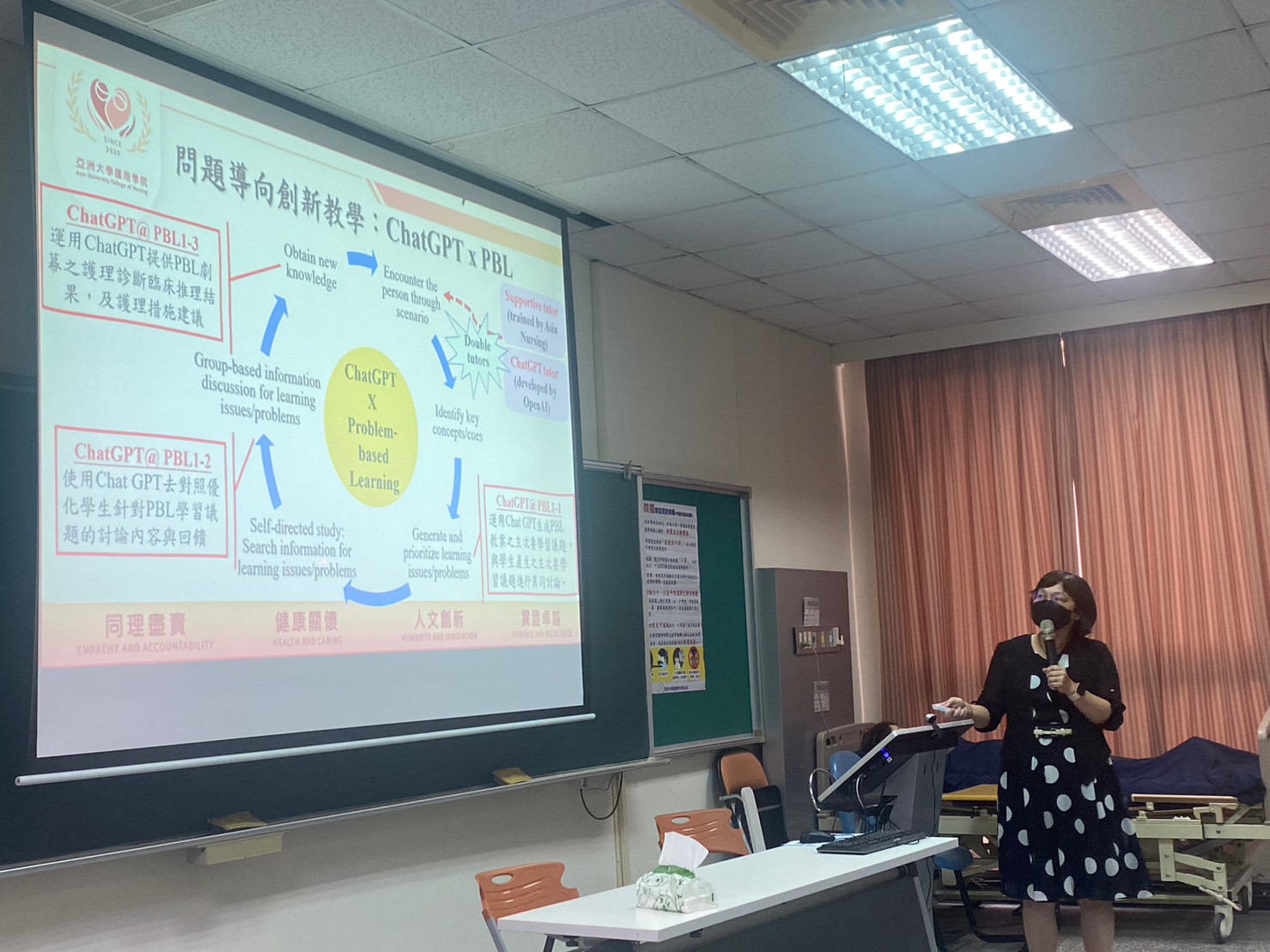 圖為亞大護理學院長吳樺姍,說明PBL結合生成式AI之創新教學模式。