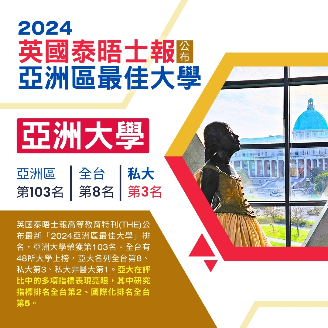 圖為亞大榮獲「2024 THE亞洲區最佳大學」,全台第8、私大第3。