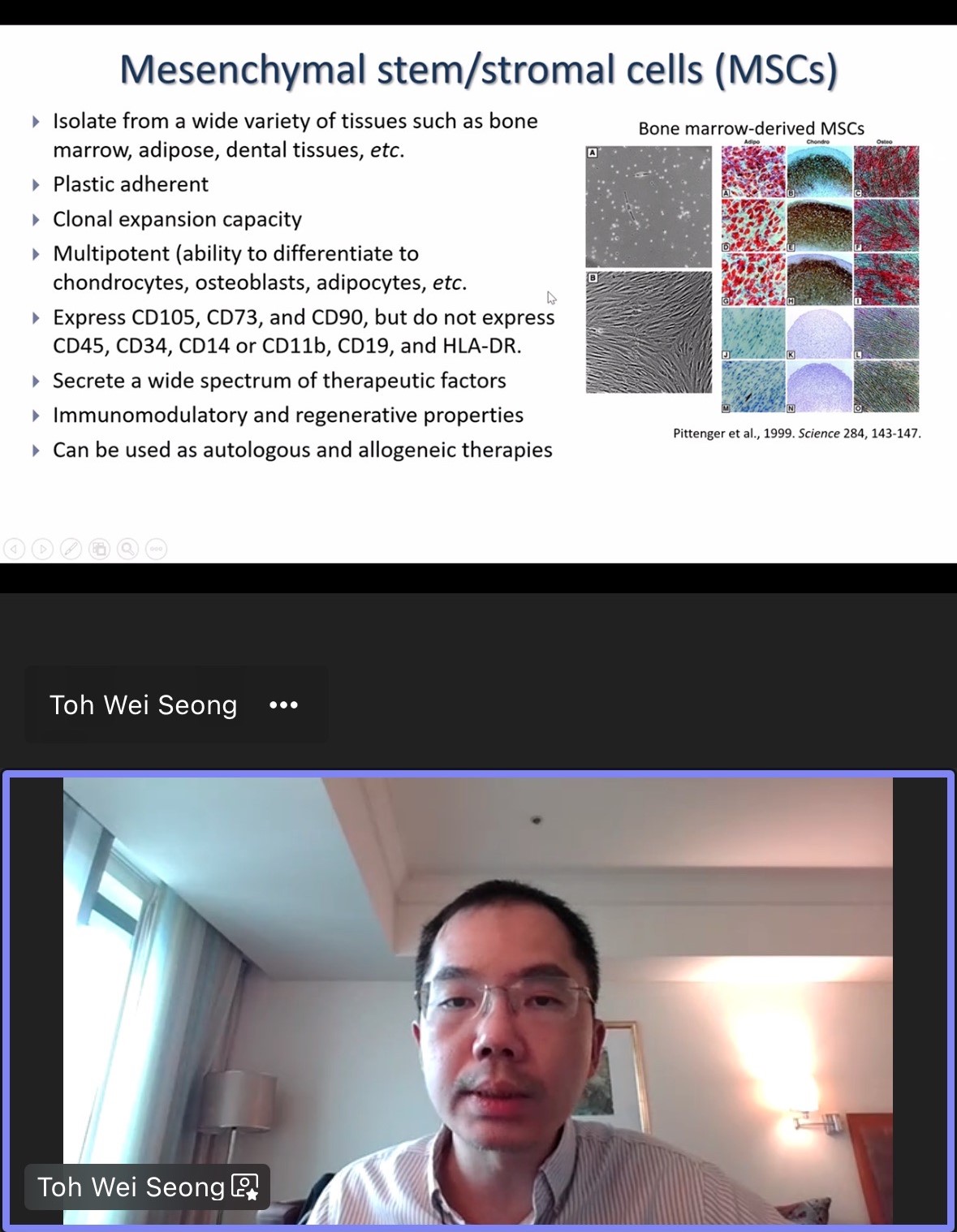 圖為新加坡國立大學研究主任Dr. Toh Wei Seong,談「關節修復用間葉幹細胞外泌體之關鍵特性」。